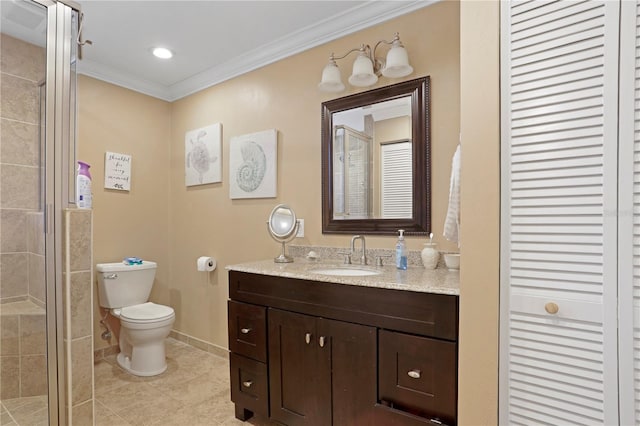 bathroom with tile patterned flooring, crown molding, an enclosed shower, toilet, and vanity