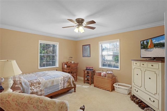 bedroom featuring light carpet, ceiling fan, and ornamental molding