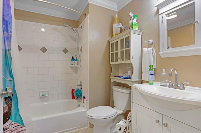 full bathroom featuring shower / bath combo, toilet, crown molding, and vanity