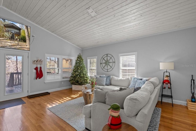 living room featuring high vaulted ceiling, light hardwood / wood-style flooring, and wood ceiling