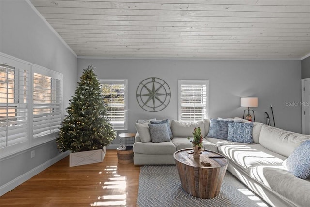 living room featuring ornamental molding, wooden ceiling, and wood-type flooring