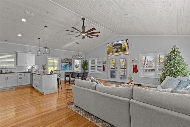 living room with ceiling fan, sink, lofted ceiling, wood ceiling, and light wood-type flooring