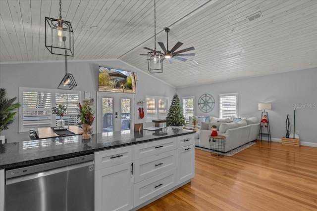 kitchen featuring white cabinets, stainless steel dishwasher, hanging light fixtures, and wood ceiling