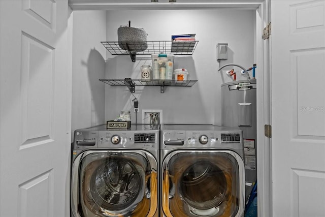 laundry room featuring water heater and washing machine and clothes dryer