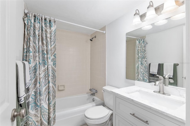 full bathroom featuring shower / bathtub combination with curtain, vanity, and toilet