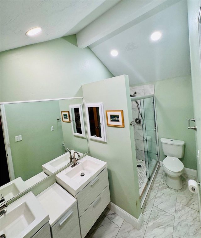 bathroom with vanity, vaulted ceiling with beams, walk in shower, and toilet