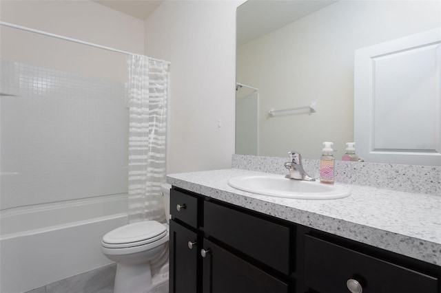 full bathroom with tile patterned flooring, vanity, toilet, and shower / bathtub combination with curtain