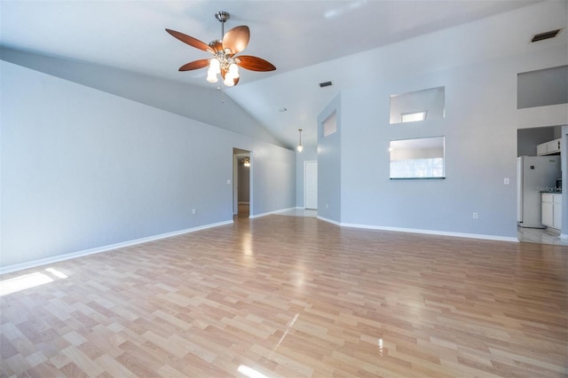 unfurnished living room featuring light hardwood / wood-style floors, ceiling fan, and lofted ceiling