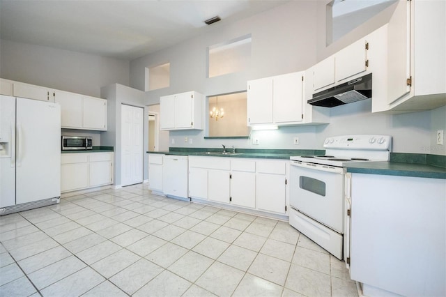 kitchen with white cabinets, a towering ceiling, white appliances, and sink