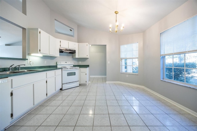 kitchen featuring dishwasher, an inviting chandelier, white cabinets, sink, and electric range