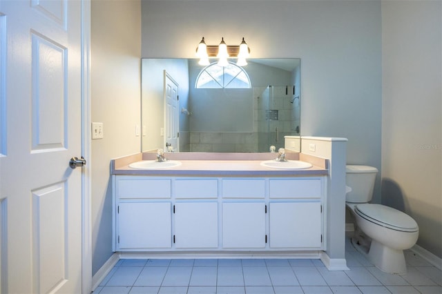 bathroom with tile patterned flooring, vanity, toilet, and a shower with door