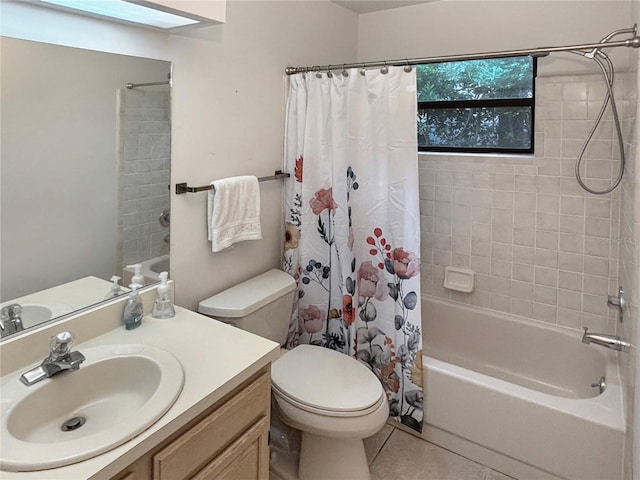 full bathroom featuring toilet, shower / bath combo with shower curtain, vanity, and tile patterned flooring