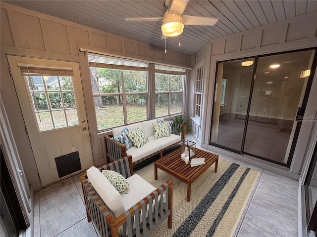 sunroom / solarium with ceiling fan and wood ceiling