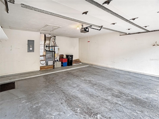 garage with electric panel and a garage door opener