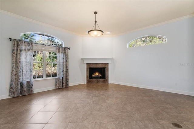 unfurnished living room featuring crown molding, a healthy amount of sunlight, and a brick fireplace