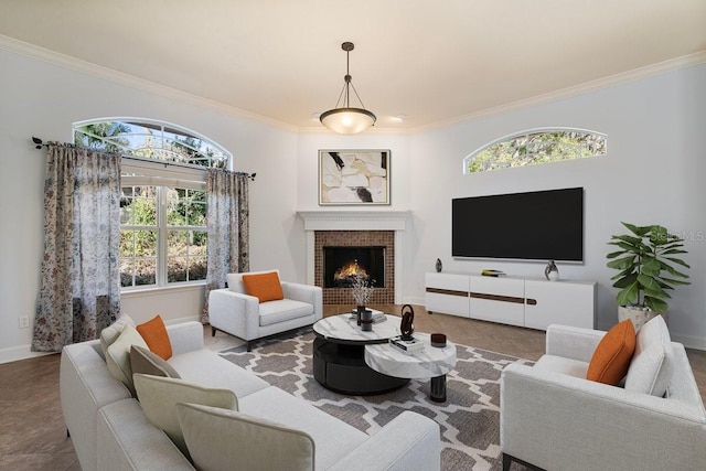 living room with a fireplace and ornamental molding