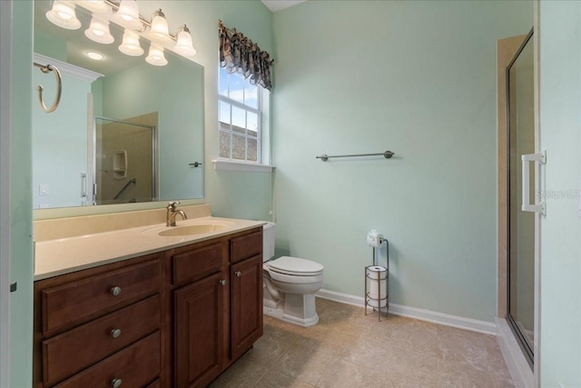 bathroom featuring an enclosed shower, vanity, tile patterned floors, and toilet