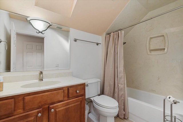 full bathroom with vanity, vaulted ceiling, shower / tub combo with curtain, and toilet