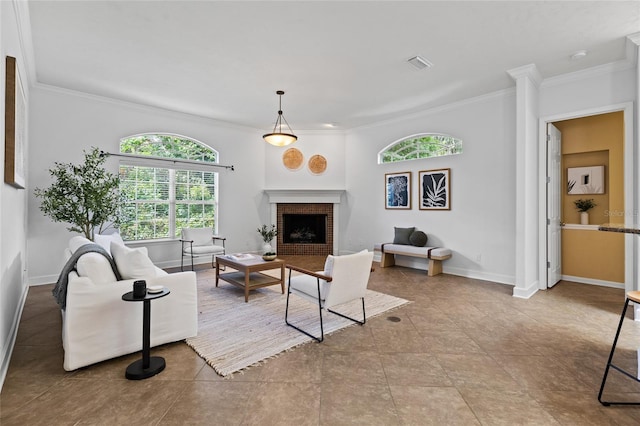 13554 NW 7th Rd, Newberry, FL 32669 - living area with ornamental molding, plenty of natural light, and a fireplace