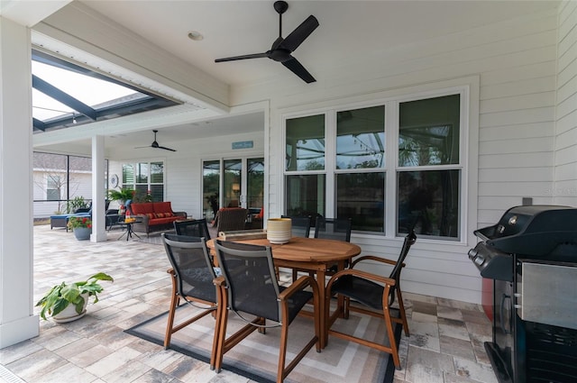 view of patio / terrace with a grill, an outdoor hangout area, and ceiling fan