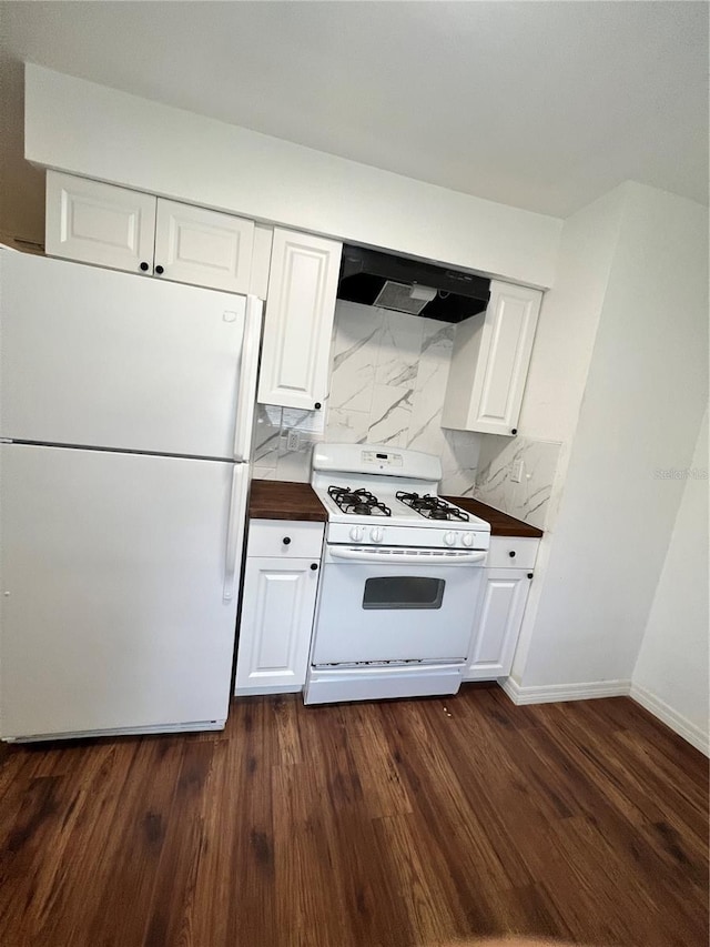 kitchen featuring white cabinets, white appliances, tasteful backsplash, and range hood