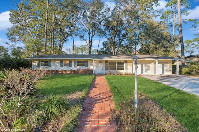 single story home featuring a garage and a front lawn