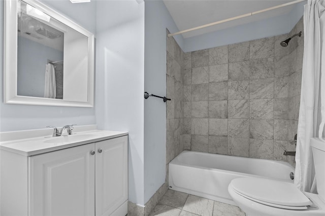 bathroom with toilet, vanity, and shower / tub combo with curtain