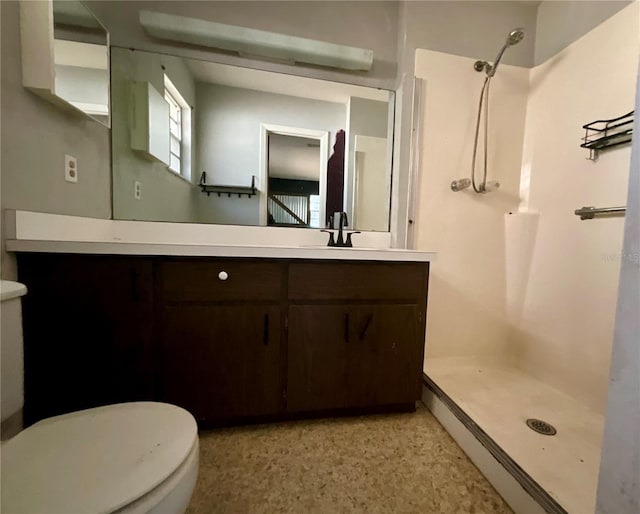 bathroom featuring vanity, toilet, and a shower