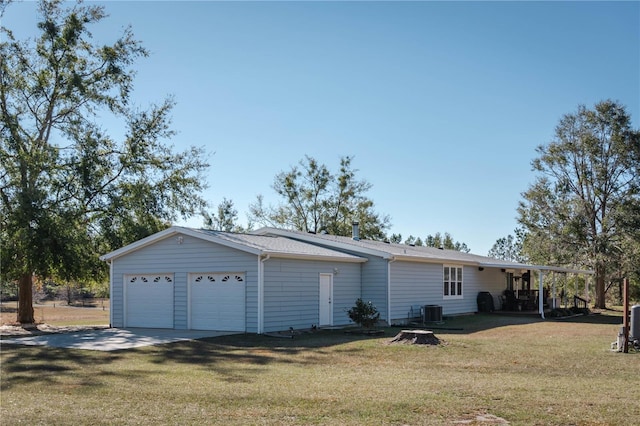 exterior space with a lawn, a garage, and central air condition unit