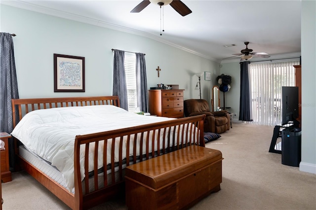 bedroom with ceiling fan, light colored carpet, and ornamental molding