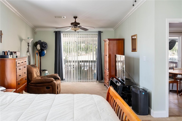 bedroom featuring ceiling fan, access to exterior, ornamental molding, and light carpet