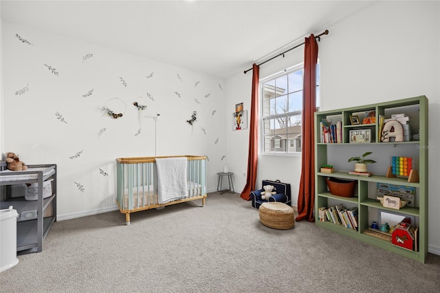 carpeted bedroom featuring a crib