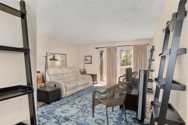 living room featuring a textured ceiling