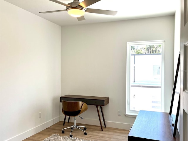 office with ceiling fan and light wood-type flooring