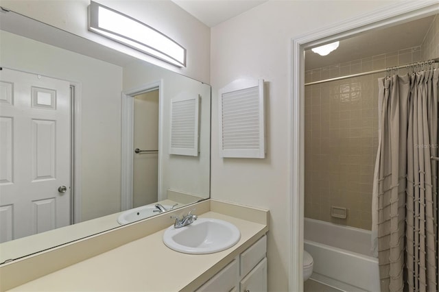 full bathroom featuring toilet, vanity, and shower / bathtub combination with curtain