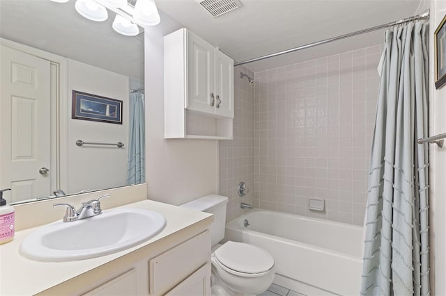 full bathroom featuring shower / bathtub combination with curtain, vanity, and toilet