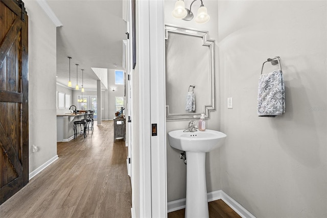 bathroom featuring hardwood / wood-style floors, ornamental molding, and sink