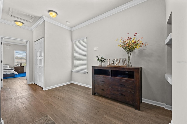 hallway featuring dark hardwood / wood-style flooring and ornamental molding