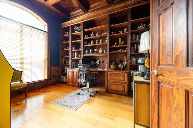 office featuring beamed ceiling, light hardwood / wood-style floors, wood ceiling, and coffered ceiling