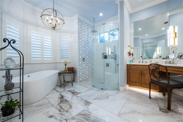 bathroom featuring vanity, crown molding, plus walk in shower, and a chandelier