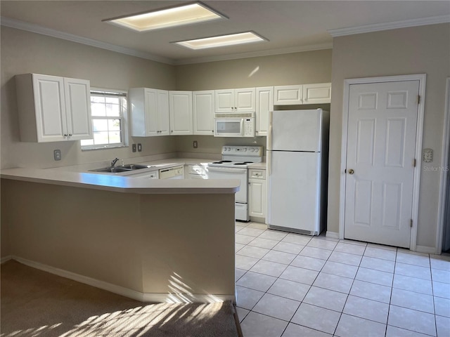 kitchen featuring white cabinetry, white appliances, sink, and light tile patterned floors