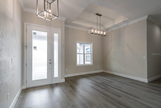 foyer with a chandelier, dark hardwood / wood-style flooring, and a tray ceiling