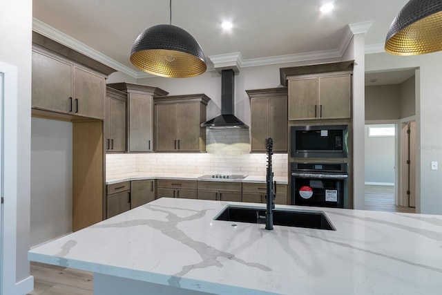 11828 NW 15th Rd, Gainesville, FL 32606 - kitchen with a sink, wall chimney range hood, ornamental molding, black appliances, and decorative backsplash