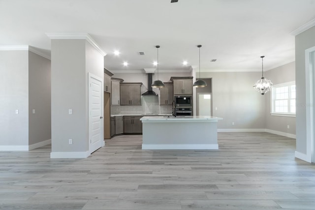 11828 NW 15th Rd, Gainesville, FL 32606 - kitchen with wall chimney exhaust hood, open floor plan, light countertops, stainless steel oven, and built in microwave