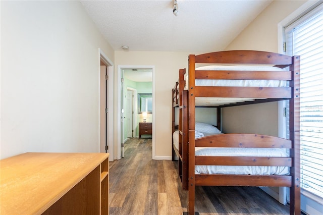 bedroom with hardwood / wood-style floors, a textured ceiling, and multiple windows