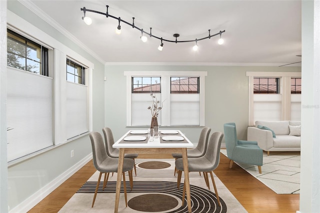 dining room featuring plenty of natural light, crown molding, and hardwood / wood-style floors