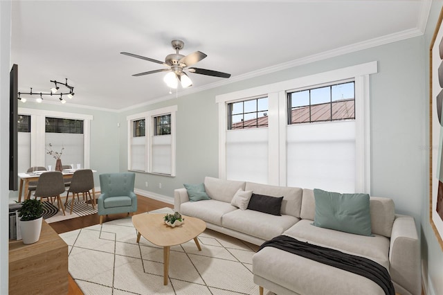 living room with ceiling fan, crown molding, and hardwood / wood-style floors