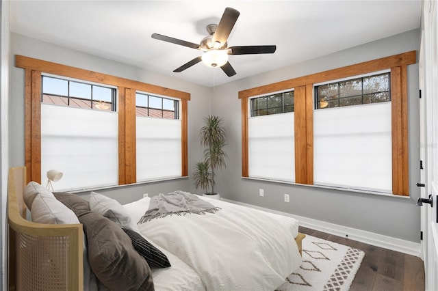 bedroom featuring ceiling fan and dark hardwood / wood-style flooring