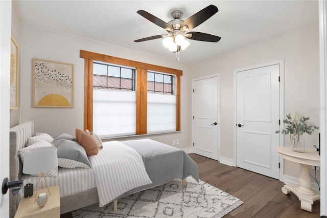 bedroom with ceiling fan, two closets, and dark hardwood / wood-style floors