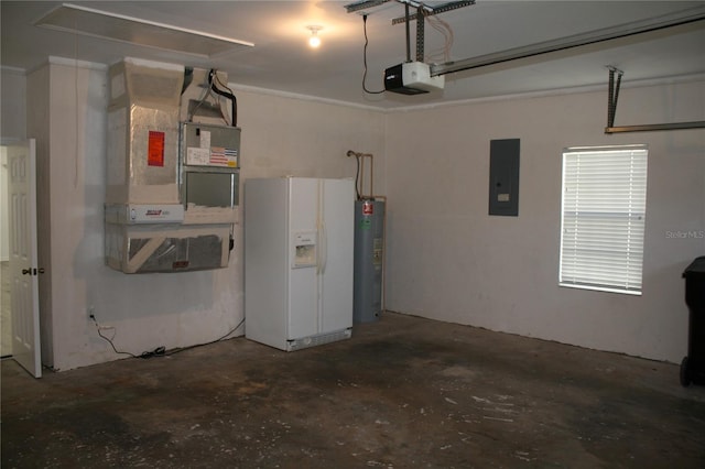 garage featuring electric panel, a garage door opener, white fridge with ice dispenser, and water heater